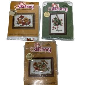 Set of 3 Jiffy Stitchery Counted cross stitch Kits Begonia Poppies Daisies